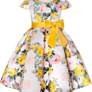 NSSMWTTC Princess Girls Party Pageant Event Dresses for Kids Christmas Day Easter Floral Printed Dress (2104 Yellow,140)