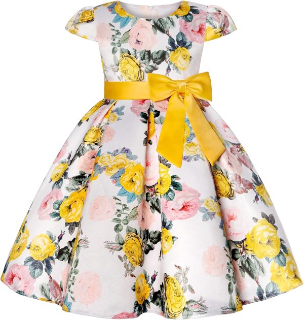 NSSMWTTC Princess Girls Party Pageant Event Dresses for Kids Christmas Day Easter Floral Printed Dress (2104 Yellow,140)