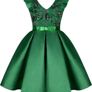 Princess Girls Event Dress Kid Birthday Party Independence Day Vintage Tutu Dresses Easter Frocks (1923 Green,120) 4-5T