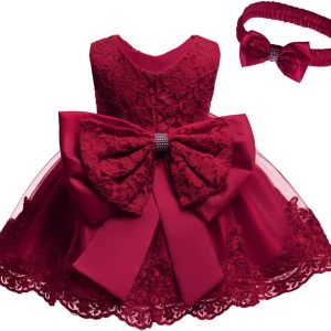 0-6T Toddler Girls Pageant Lace Dresses Baby Birthday Party Embroidery Dress with Headwear