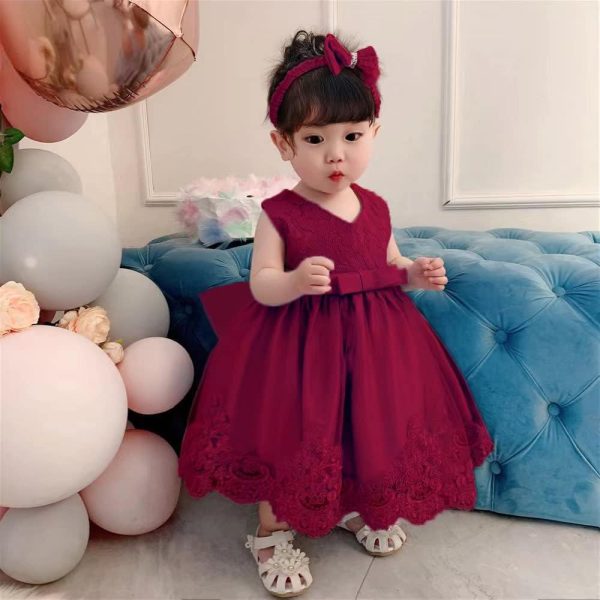 0-6T Toddler Girls Pageant Lace Dresses Baby Birthday Party Embroidery Dress with Headwear - Image 2