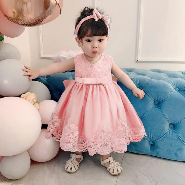 0-6T Toddler Girls Pageant Lace Dresses Baby Birthday Party Embroidery Dress with Headwear - Image 6