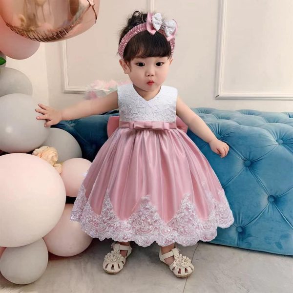 0-6T Toddler Girls Pageant Lace Dresses Baby Birthday Party Embroidery Dress with Headwear - Image 10